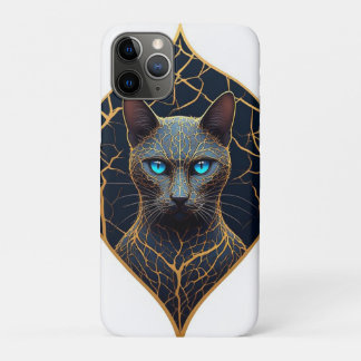 Case-Mate iPhone Case Portrait de chat noir avec diamant géométrique dor