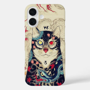 COQUE POUR iPhone 16 PORTRAIT DE CHAT SAMURAI AVEC TATOS SERPENTS