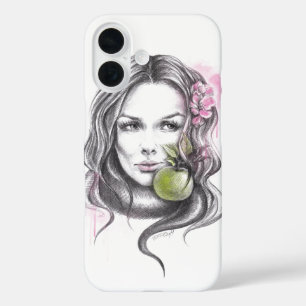 Coques iPhone 16 Portrait de femme avec pomme et fleur Art Surreal