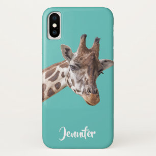 Coques Pour iPhone Portrait de Giraffe sur nom personnalisé Turquoise