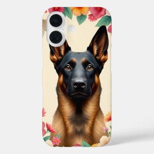 Coque Pour iPhone 16 Portrait élégant de Berger Allemand floral