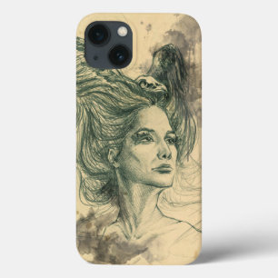 iPhone 13 Coque Portrait femme oiseau crâne et ailes Art Surreal