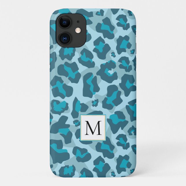 Coques Case-Mate iPhone Poster de animal et monogramme bleu léopard multit (Dos)