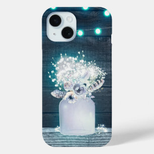 Coque Pour iPhone 15 Pot Mason Floral & Lumières Bleues à Fils Rustique