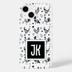 Coque Pour iPhone 14 Poulets de dessin en noir et blanc monogramme