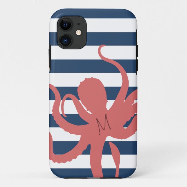 Coques Case-Mate iPhone Poulpe rouge moderne plage blanc bleu marine rayé (Dos)