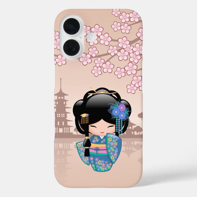Coques Case-Mate iPhone Poupée Keiko Kokeshi - Blue Kimono Geisha Girl (Verso)