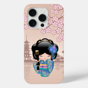 Coque iPhone 15 Pro Poupée Keiko Kokeshi - Blue Kimono Geisha Girl