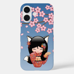 Coque Pour iPhone 16 Poupée Kitsune Kokeshi - Black Fox Geisha Girl