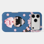 Poupée Kokeshi Kawaii Kimono Rose sur Fond Bleu