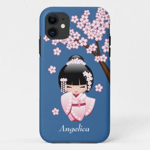 Coques Pour iPhone Poupée Kokeshi Mignonne Kimono Rose sur Fond Bleu