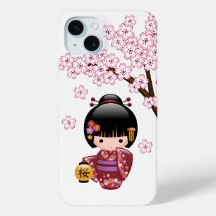 Coque iPhone 15 Mini Poupée Kokeshi Sakura - Jolie Fille Geisha Japonai