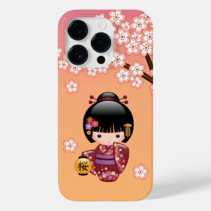 Coque Pour iPhone 14 Pro Poupée Sakura Kokeshi - Geisha Girl on Peach