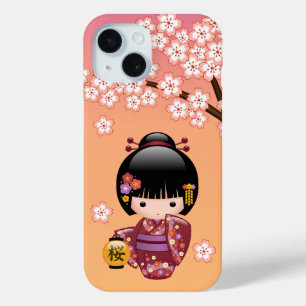 Coque Pour iPhone 15 Poupée Sakura Kokeshi - Geisha Girl on Peach