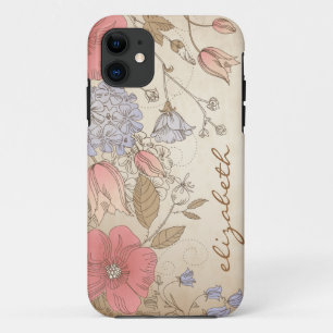 Coque iPhone 11 Pourpre vintage et le rouge fleurit la caisse de