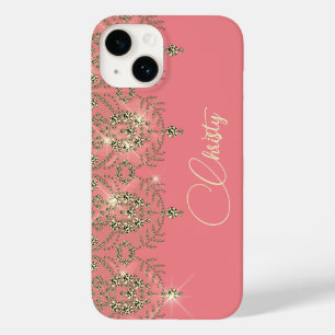 Coque Pour iPhone 14 Ppêche rose or dentelle élégant brillant look