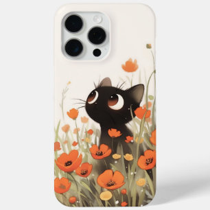 Coque iPhone 15 Pro Max Prairie aux Coquelicots Chat Noir