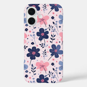 Coque Pour iPhone 16 Prairie de fleurs sauvages rose pâle et bleue - es
