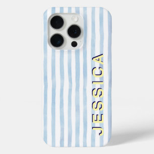Coque iPhone 15 Pro Préparé bleu rayé nom personnalisé