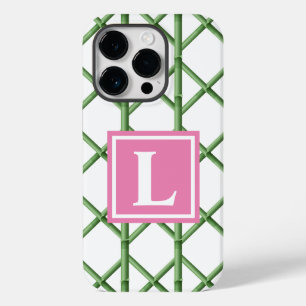 Coque Pour iPhone 14 Pro Preppy Green Trellis Bamboo Motif Monogramme