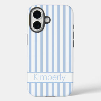 Coque Pour iPhone 16 Preppy Light Blue Striped with Name 