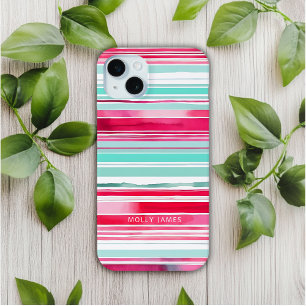 Coque iPhone 15 Mini Préppy moderne Cyan Magenta Nom personnalisé