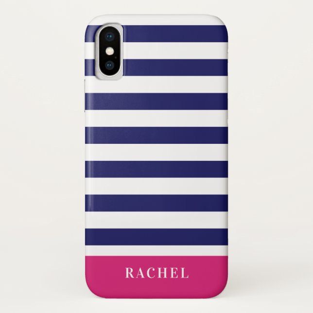 Coques Case-Mate iPhone Preppy Navy Bleu Stripes & Hot Pink Monogramme (Dos)