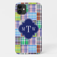 Preppy Patchwork Madras Navy Quatrefoil Monogramme