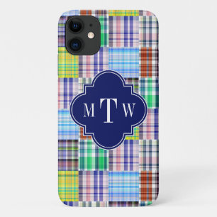 Case-Mate iPhone Case Preppy Patchwork Madras Navy Quatrefoil Monogramme