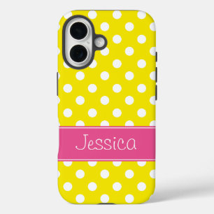 Coques iPhone 16 Preppy Pois rose et jaune Personnalisé