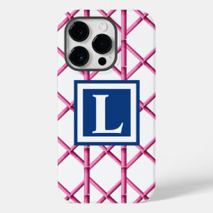 Coque Pour iPhone 14 Pro Preppy rose Trellis Bamboo Motif Monogramme