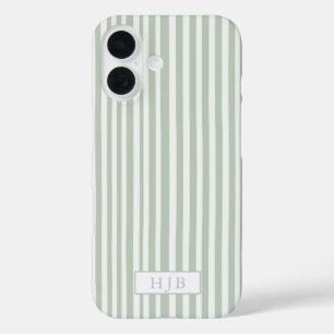 Coque Pour iPhone 16 Preppy Sage Green Stripe Monogramme Joli iPhone 16