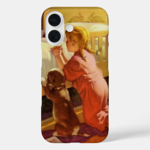 Coques iPhone 16 Prières du coucher, Fille avec chiot, Religion vin