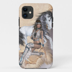 Coque iPhone 11 princesse indienne américaine et cheval blanc