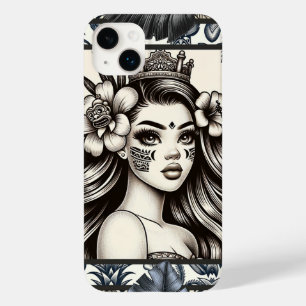 Coque Pour iPhone 14 Plus Princesse Polynésienne Fleurs Bleues Tribal