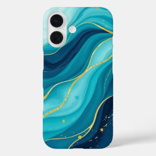 Coque Pour iPhone 16 Profondeurs azur avec veines dorées