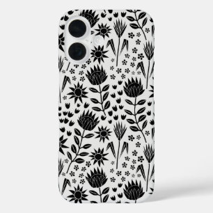 Coque Pour iPhone 16 Protea Floral Block Imprimer Millefleur noir blanc