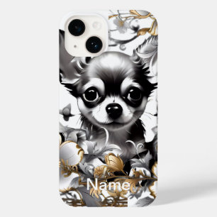 Coque Pour iPhone 14 Pup parmi les fleurs change pour votre portrait ai