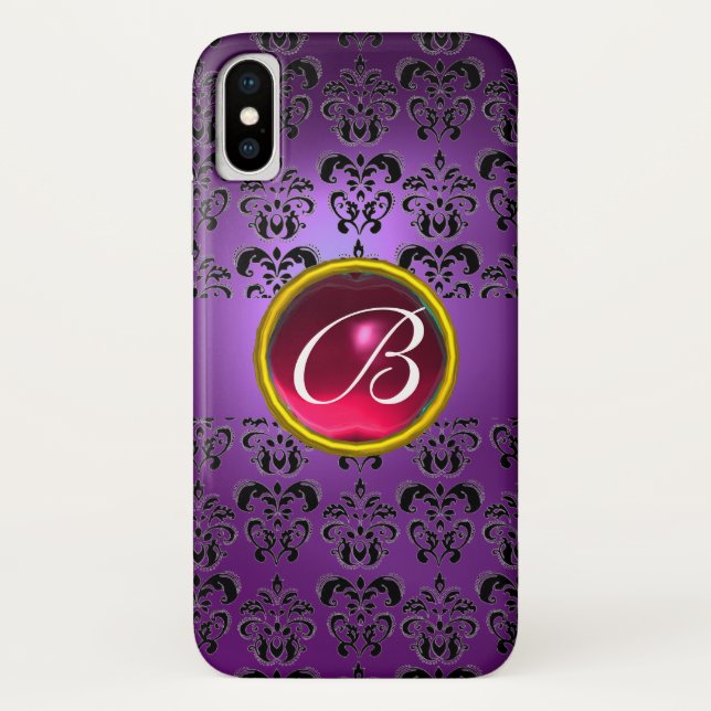 COQUES Case-Mate iPhone PURPLE BLACK DAMASK PINK FUCHSIA GEM MONOGRAM (Dos)
