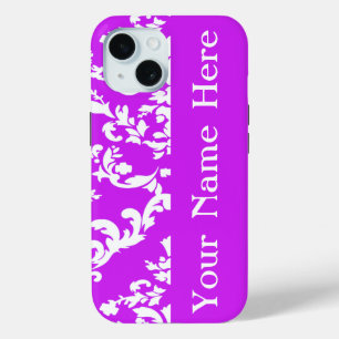 Coque Pour iPhone 15 Purple Bold Damask avec nom @ Emporiomoffa