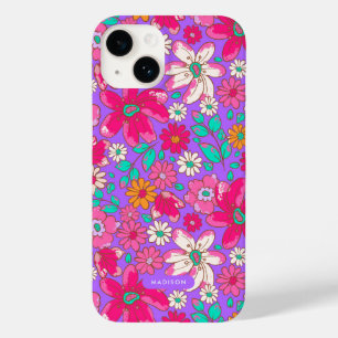 Coque Pour iPhone 14 Purple clair, Rose Chaud Floral Personnalisé