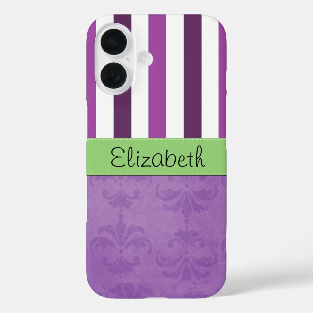 Coques Case-Mate iPhone Purple Damask, Purple Stripes, Stripe, Votre Nom (Verso)