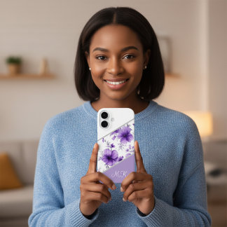 Coque Pour iPhone 16 Purple Floral Monogram Phone Case for iPhone Model