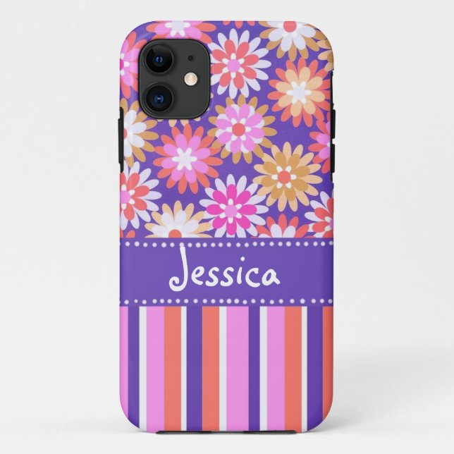 Coques Case-Mate iPhone Purple 'n Pink Flowers & Stripes (Dos)