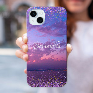 Coque iPhone 15 Mini Purple Ocean Sunset Photo Confetti Nom Script