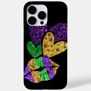 COQUE POUR POUR iPhone 14 PRO MAX PURPLE OR VERT MARDI GRAS COEURS & LÈVRES