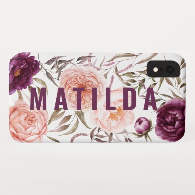 Coques Case-Mate iPhone Purple + pêche aquarelle chute florale monogramme (Dos (Horizontal))