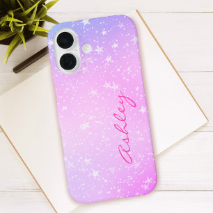 Coque Pour iPhone 16 Purple & Pink Gradient, White Stars & Script Name