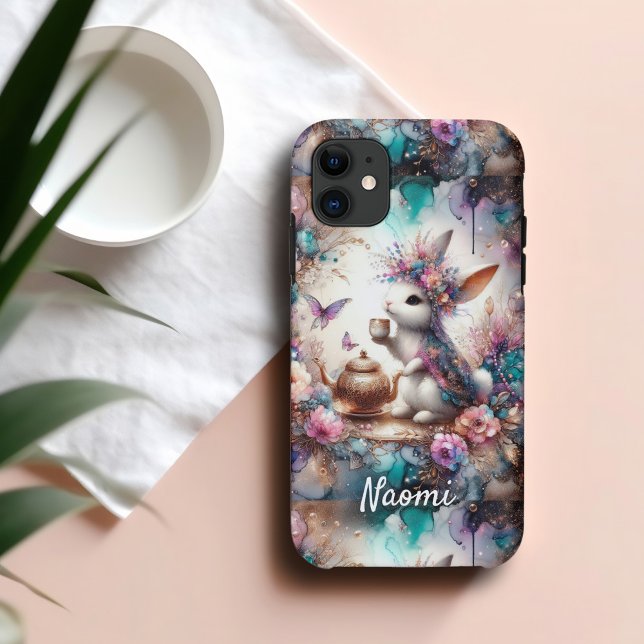 Coques Case-Mate iPhone Purple Turquoise Aquarelle Floral Tea Party Bunny (Créateur téléchargé)