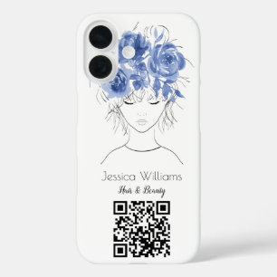 Coque Pour iPhone 16 QR code mignon fille bleu aquarelle rose florale